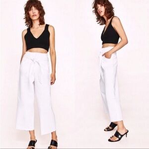 ZARA Wide Leg Jeans Denim Cropped Belted High Waist Sz 2 elevated basic summer
